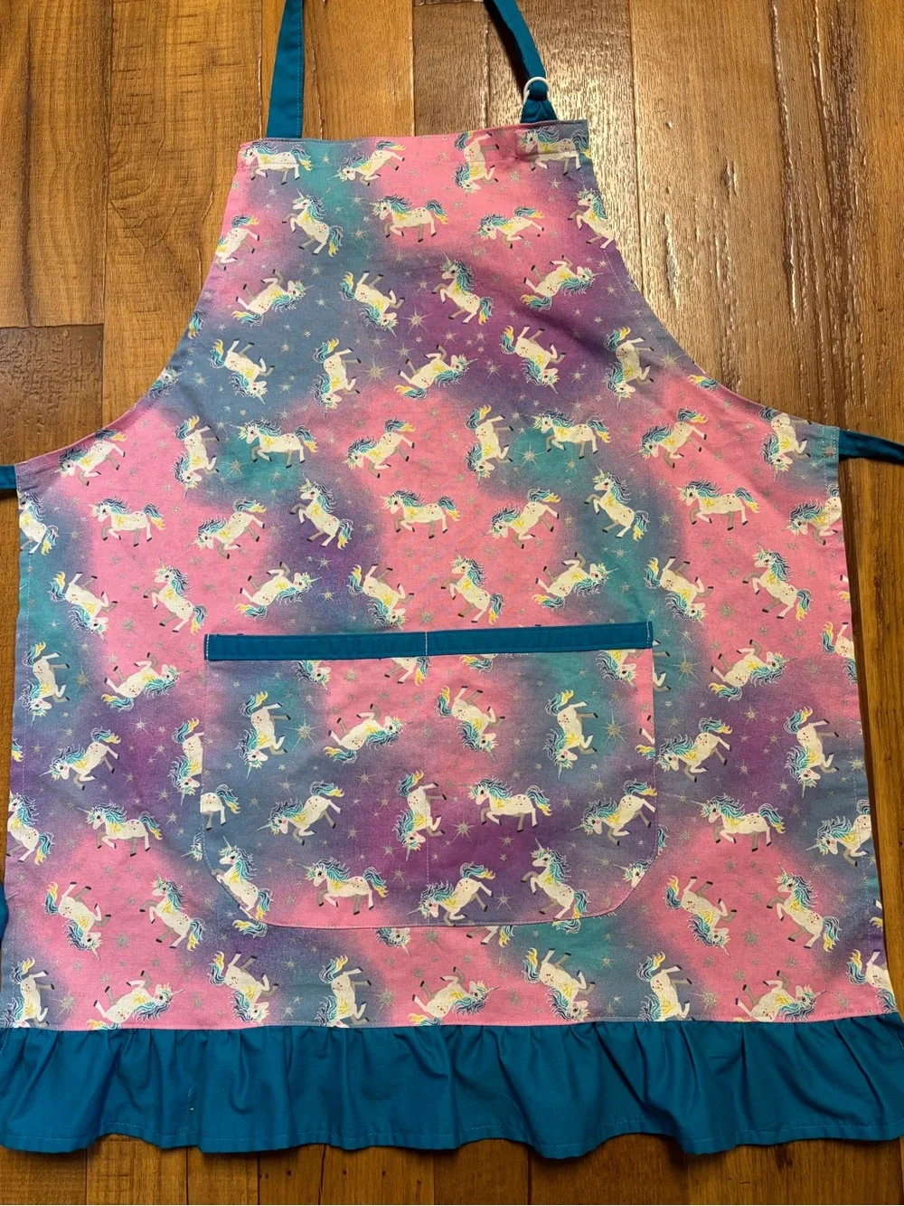 Apron Pink & Teal Unicorn Kids Kitchen Apron with Pocket Fits 5-10 Years EUC